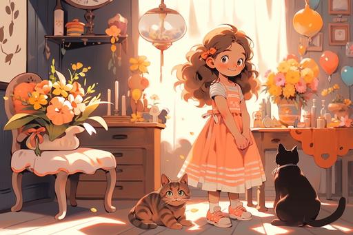 enchanting scene of a thoughtful 5-year old girl brainstorming guests for her cat's party. The background is a 5-year old room capturing the atmosphere of curiosity and planning, using colors from the Zorn palette, in the style of Art Nouveau, detailed background, potted flowers, calendars, orange and pink ribbons, dramatic lighting --s 250 --niji 5