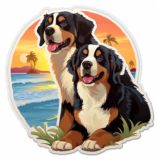 end of summer themed sticker with two Bernese mountain dogs in the beach