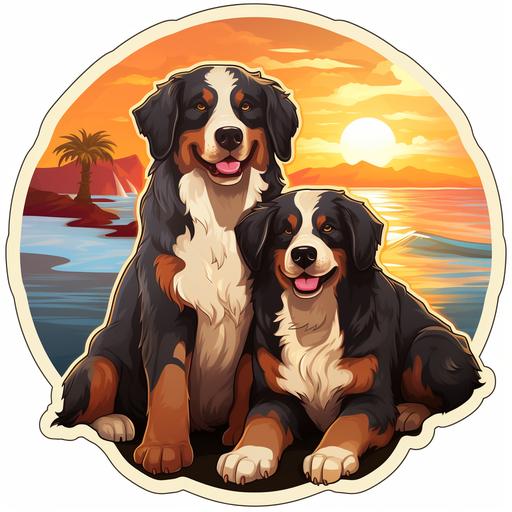 end of summer themed sticker with two Bernese mountain dogs in the beach