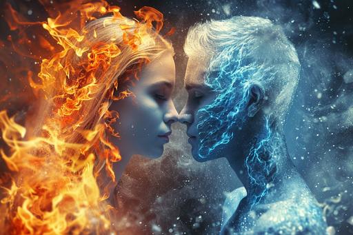 enemies to lovers, ice and fire, frost girl, fire boy, hot vs cold --ar 3:2 --v 6.0