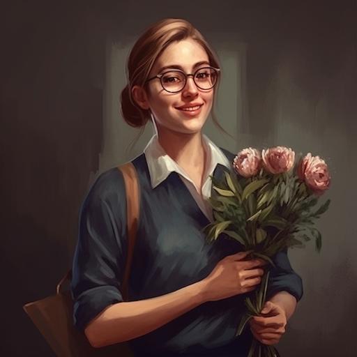 a young teacher smiles at the blackboard with a bouquet of flowers in her hand and a pointer in her other hand at the beginning of the school year, hyper realistic --s 250 --v 5