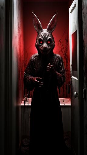entering bathroom with door slightly open, in bathtub is terrifying evil man wearing scary rabbit mask, red paint dripping from mouth, lights flickering, dark mood lighting, ominous atmosphere, ultra realistic --ar 9:16