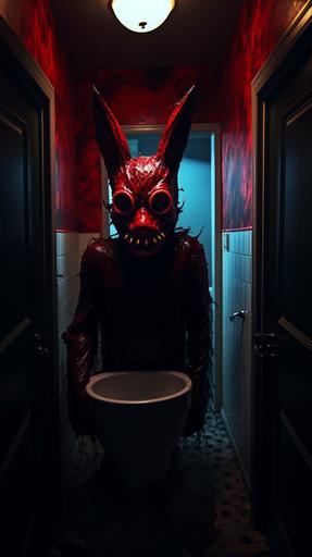 entering bathroom with door slightly open, in bathtub is terrifying evil man wearing scary rabbit mask, red paint dripping from mouth, lights flickering, dark mood lighting, ominous atmosphere, ultra realistic --ar 9:16