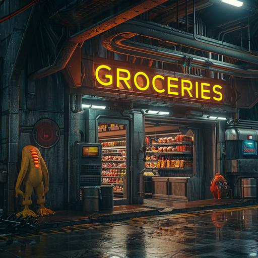 entrance of a intergalactic groceries store in a futuristic mega city on a strange planet, 64th floor, parking space for space ships, weird aliens, creatures, space animals, neon sign SAying the exact word 
