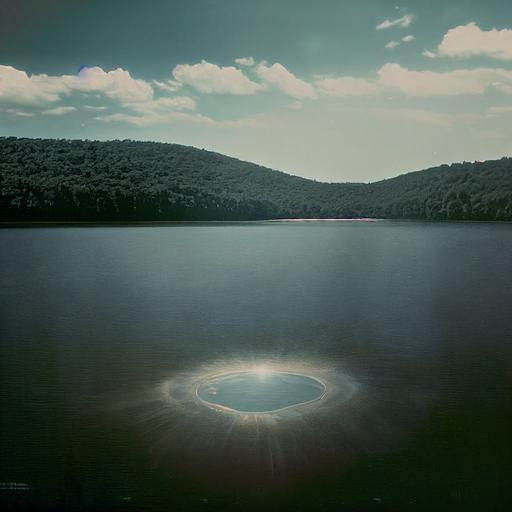 environment  Wanaque reservoir U.F.O.   metallic raytraced saucer hoovering over lake, absorbing water   2 black Lincoln sedan cars on the side of the lake   authentic footage, hi-res pictures, glossy, mid-eighties fuji film, extremely fast shuttertime   youknowhoyouare --upbeta --test --creative --upbeta