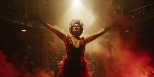 environment, a drag queen dressed like edith piaf on stage in full performance, arms out stretched wearing a ruby red dress, ultra cinematic lighting, rocky horror show frank n furter, seedy smokey dark nightclub, spotlight, anamorphic 40mm lens, --ar 2:1