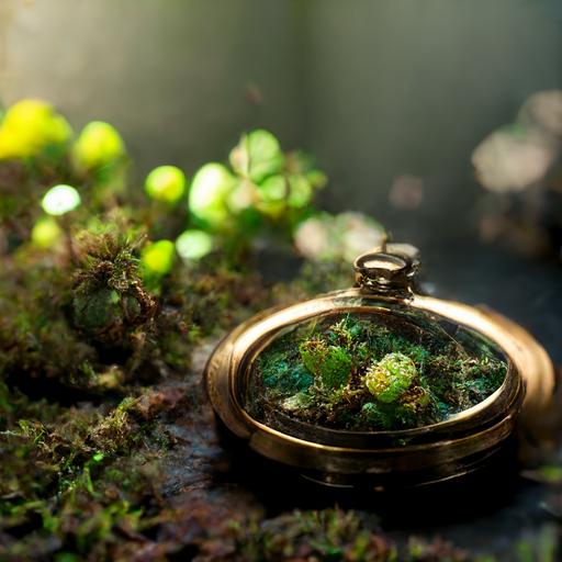 environment, close up of steampunk pocket watch on table covered in moss, leaves and ivy, crystal jewels in pocket watch, detailed, beautiful, volumetric lighting, unreal engine, octane render, hyperrealistic