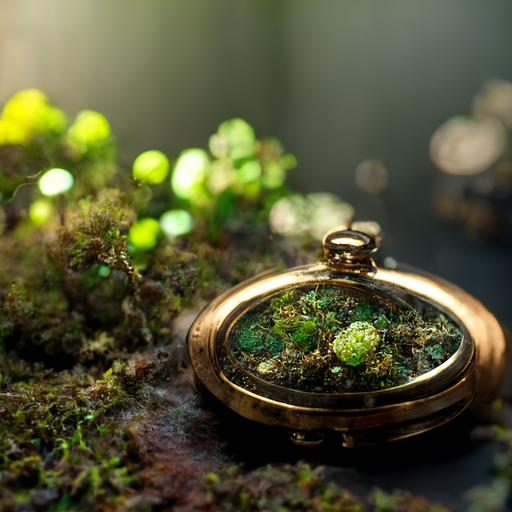 environment, close up of steampunk pocket watch on table covered in moss, leaves and ivy, crystal jewels in pocket watch, detailed, beautiful, volumetric lighting, unreal engine, octane render, hyperrealistic