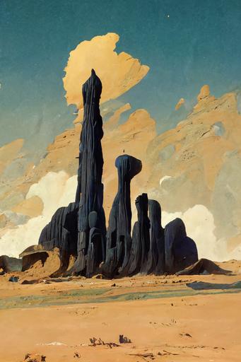 environment concept, shiny black obsidian rock towers growing out of a sandy desert, low angle, style of chuck jones --ar 2:3