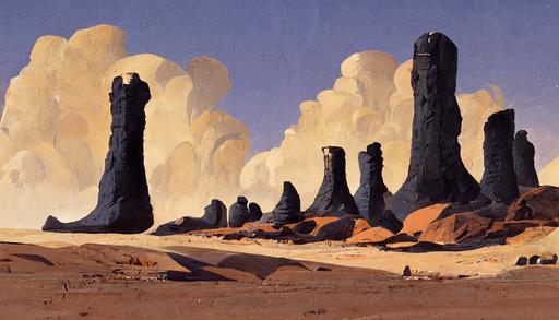 environment concept, shiny black obsidian rock towers growing out of a sandy desert, low angle, style of chuck jones --ar 16:9