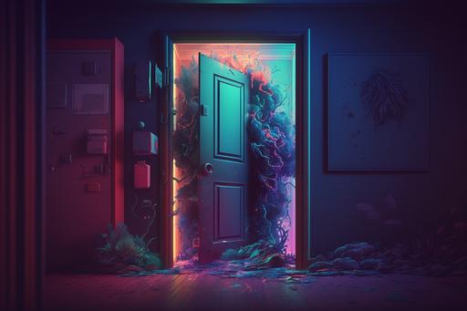 environment, five escape room doors, varied colours, dark sleep clouds in abyss, hyper realistic, photorealism, vivid colours, super adobe, 8k, full hd, octane render, beautifully color graded, cinematic, insanely detailed, anime illustration style --v 4 --ar 3:2