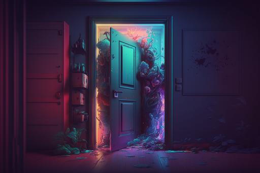 environment, five escape room doors, varied colours, dark sleep clouds in abyss, hyper realistic, photorealism, vivid colours, super adobe, 8k, full hd, octane render, beautifully color graded, cinematic, insanely detailed, anime illustration style --v 4 --ar 3:2