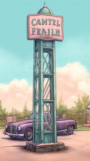 environment, hand drawn rendering, colored pencil style, Beautiful retro style Car Wash pylon sign. --ar 9:16 --upbeta