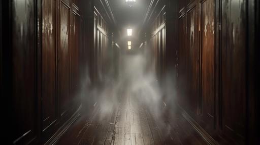 environment of a dark long wood panelled hallway, scary, dramatic lighting, foggy atmospheric hallway tsiting on the z axis as it grows longer --ar 16:9