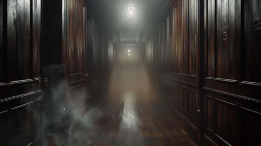 environment of a dark long wood panelled hallway, scary, dramatic lighting, foggy atmospheric hallway tsiting on the z axis as it grows longer --ar 16:9