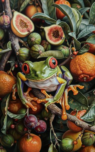 environment photo of oil on canvas of tiny miniature lush garden with oranges, pears and figs. Beautiful tiny secret places. A vibrant tree frog with beautiful big eyes clings to a branch watching from one edge. Symmetrical. Hyper realistic.photorealistic. 18k. Secret worlds. Exquisite detail. Tonal shading. Fairy national geographic. --ar 5:8