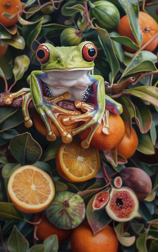 environment photo of oil on canvas of tiny miniature lush garden with oranges, pears and figs. Beautiful tiny secret places. A vibrant tree frog with beautiful big eyes clings to a branch watching from one edge. Symmetrical. Hyper realistic.photorealistic. 18k. Secret worlds. Exquisite detail. Tonal shading. Fairy national geographic. --ar 5:8 --v 6.0