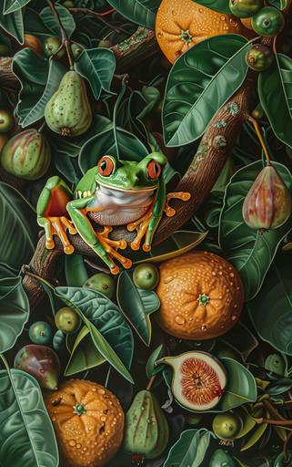 environment photo of oil on canvas of tiny miniature lush garden with oranges, pears and figs. Beautiful tiny secret places. A vibrant tree frog with beautiful big eyes clings to a branch watching from one edge. Symmetrical. Hyper realistic.photorealistic. 18k. Secret worlds. Exquisite detail. Tonal shading. Fairy national geographic. --ar 5:8 --v 6.0