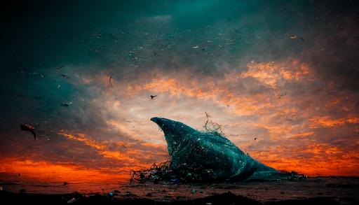 environment photorealistic picture with a huge flying shark whale in a ocean of trash, the picture is taken at sunset, 50mm lens    —ar 16:9