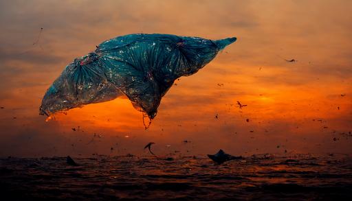 environment photorealistic picture with a huge flying shark whale in a ocean of trash, the picture is taken at sunset, 50mm lens    —ar 16:9