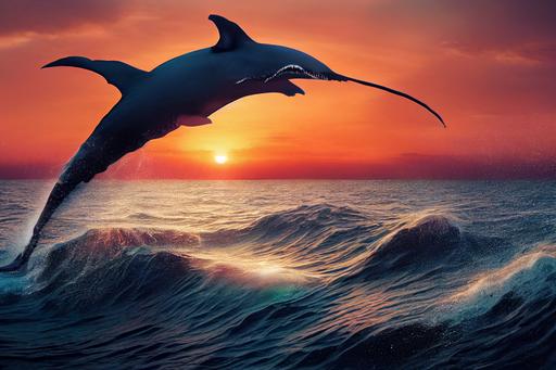 environment photorealistic picture with a huge flying shark whale jumping out of the ocean full of trash, the picture is taken at sunset, 50mm lens —ar 16:9 —test —creative —upbeta --upbeta