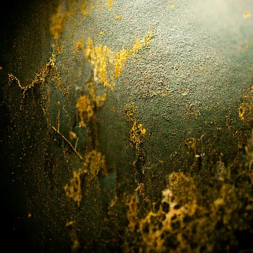 environment sci Fi interior, black and gold colors, rough texture, golden specks, gold glitter, black spray paint graffiti on the walls, metallic gold, light green mold, environment, hd, dramatic overhead lighting, abandoned home, cracks in the wall, hd, high saturation, futuristic - @KstJ13 (fast)