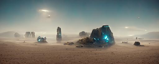 environment, sci-fi, alien landscape with grey and teal rocks and sand dunes with small plateaus scatted about. A space ship is landed on one plateau and bounty hunters are next to the craft. A big monolith is in the background and there are 2 blue suns in the sky. fog, epic, 3D, Octane render, depth, mysterious, star wars, --ar 3:1 --test