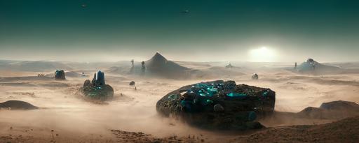 environment, sci-fi, alien landscape with grey and teal rocks and sand dunes with small plateaus scatted about. A space ship is landed on one plateau and bounty hunters are next to the craft. A big monolith is in the background and there are 2 blue suns in the sky. fog, epic, 3D, Octane render, depth, mysterious, star wars, --ar 3:1 --test