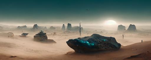 environment, sci-fi, alien landscape with grey and teal rocks and sand dunes with small plateaus scatted about. A space ship is landed on one plateau and bounty hunters are next to the craft. A big monolith is in the background and there are 2 blue suns in the sky. fog, epic, 3D, Octane render, depth, mysterious, star wars, --ar 3:1 --test --uplight
