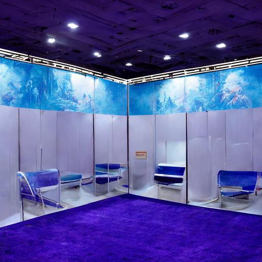 environment, trade show, exhibit hall, island booth, medium budget, reception counter, display cases, meeting table with chairs, white and blue with hint of purple custom wall panels, carpet floor