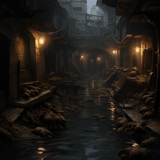 environment, under city sewer system, dark , gloomy, scary, water, rats,
