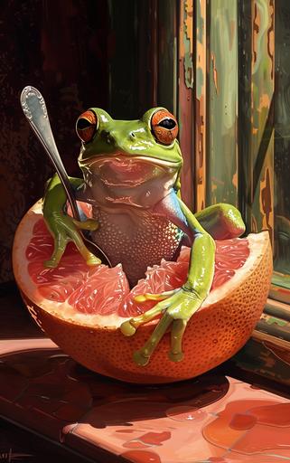 environment. Art deco decadence still life. Minimalism. Vibrant tree frog reclining in an empty pink grapefruit rind holding a spoon. Feet hanging over the edge. He is smiling and falling asleep. Vintage. Sun shine through kitchen window. Tonal shading. Soft shadows. 18K. Photorealistic. --ar 5:8
