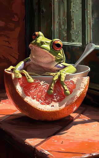 environment. Art deco decadence still life. Minimalism. Vibrant tree frog reclining in an empty pink grapefruit rind holding a spoon. Feet hanging over the edge. He is smiling and falling asleep. Vintage. Sun shine through kitchen window. Tonal shading. Soft shadows. 18K. Photorealistic. --ar 5:8