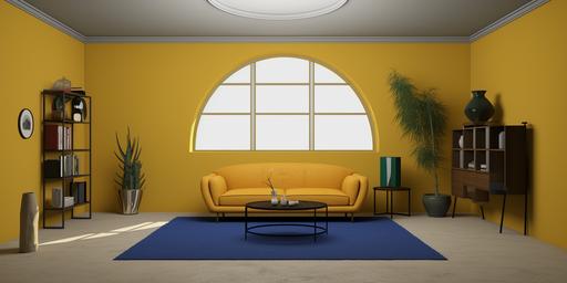 environments, interior, imagine 8k, high resolution, hyper realistic, living room, yellow walls, 6 meters wide, low ceiling, modernist furnitures, half circle window in the backwall, almost empty room, one window on the left, central composition, mustard couch in the middle of the room, small coffee table, rounded green rug, ultramarine blue curtains, one potted plant on the left, sideboard with record player next to the righ wall, tall speakers on the back wall, --ar 2:1