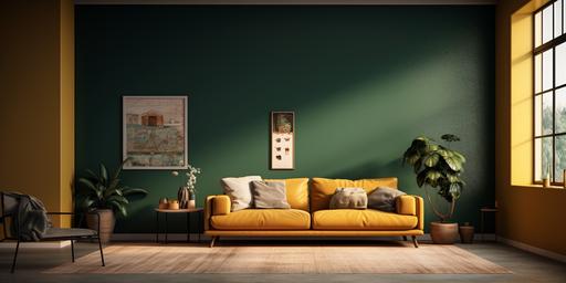 environments, interior, imagine 8k, high resolution, hyper realistic, living room, mustard walls, 6 meters wide, low ceiling, half circle window in the back, almost empty room, one rectangular window on the left, central composition, dark green modern couch in the middle of the room, small coffee table, simple round shaped blue carpet, ultramarine blue curtains next to the half circle window, sideboard with vinyl record player next to the righ wall, 1 meter high sound speakers on the back wall, on the top of the speaker there is a 25 cm high metal scuplture that is shaped like a greyhound, afternoon lughts --ar 2:1