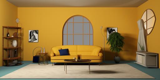 environments, interior, imagine 8k, high resolution, hyper realistic, living room, yellow walls, 6 meters wide, low ceiling, modernist furnitures, half circle window in the backwall, almost empty room, one window on the left, central composition, mustard couch in the middle of the room, small coffee table, rounded green rug, ultramarine blue curtains, one potted plant on the left, sideboard with record player next to the righ wall, tall speakers on the back wall, --ar 2:1