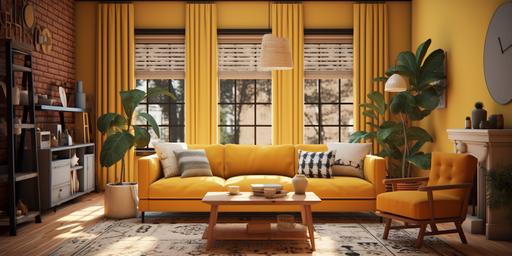 environments, interior, imagine 8k, high resolution, hyper realistic, living room, yellow walls, high ceiling, modernist furnitures, 3 window in the back, 1 window on the left, central composition, mustard couch on the middle, small coffee table, geometric patterned carpet, mustard curtains, fireplace on the righ wall, --ar 2:1