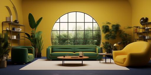 environments, interior, imagine 8k, high resolution, hyper realistic, living room, yellow walls, 6 meters wide, low ceiling, modernist furnitures, rounded window in the back, almpst empty room, one window on the left, central composition, dark green couch in the middle of the room, small coffee table, simple round shaped blue carpet, ultramarine blue curtains next to the half circle window, sideboard with vinyl record player next to the righ wall, 1 meter high sound speakers on the back wall, on the top of the speaker there is a 25 cm high metal scuplture that is shaped like a greyhound, --ar 2:1