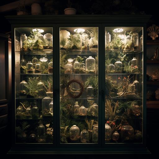 environments, naturalist curiosity cabinets, Victorian, manuscripts, sea moss, ivy, rare plant specimens in jars, iridescent, ethereal, atmospheric lighting, octane render