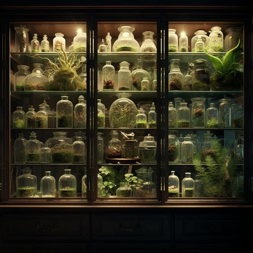 environments, naturalist curiosity cabinets, Victorian, manuscripts, sea moss, ivy, rare plant specimens in jars, iridescent, ethereal, atmospheric lighting, octane render