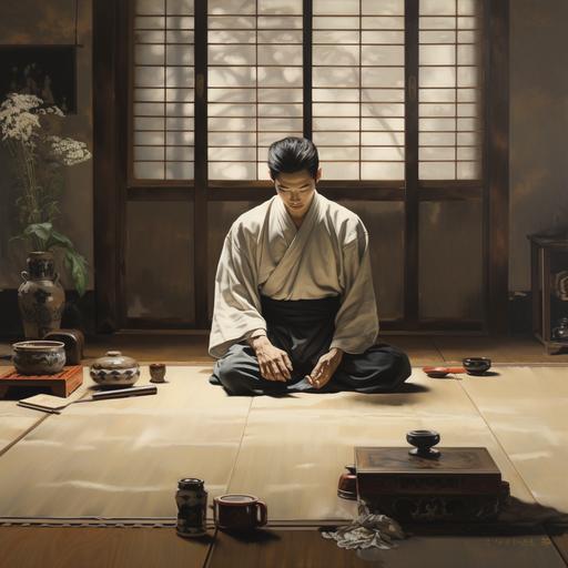 envision a Japanese man bowing deeply in a room with low tables and cushions on the floor. There are a few people sitting, and everything looks very calm and respectful. One person bowing in a room with low tables and o sitting around