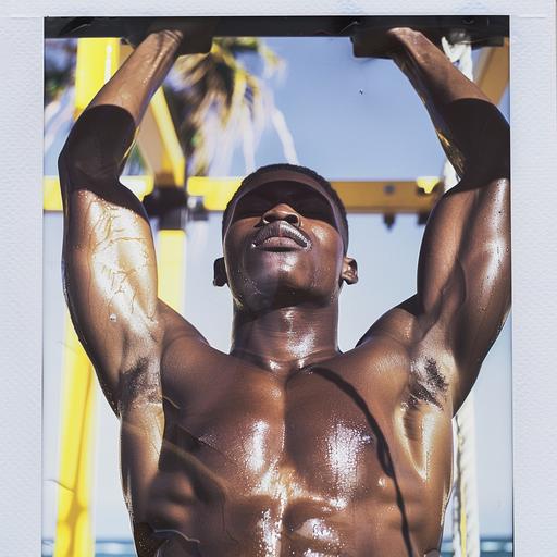 envision a higly detailed polaroid photo of a dark skinned muscular handsome teenage man doing chin ups at an outdoor gym at the beach in a fluro yellow speedo with shiny wet skin in the sun and his eyes closed and mouth open