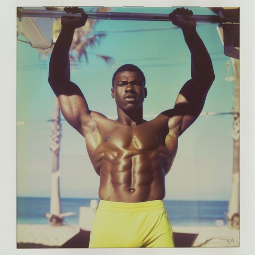 envision a higly detailed polaroid photo of a dark skinned muscular handsome teenage man doing chin ups at an outdoor gym at the beach in a fluro yellow speedo with shiny wet skin in the sun and his eyes closed and mouth open