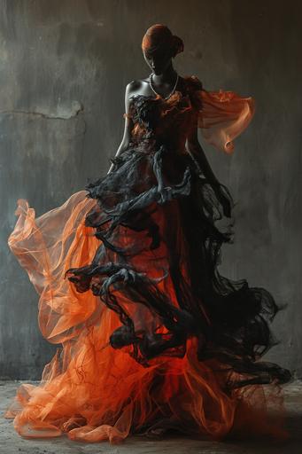 envy in the style of hans bellmer, angelarium? fire smoky molten dress, lava, mystic, billowing fabric, sartorial, --ar 2:3 --v 6.0