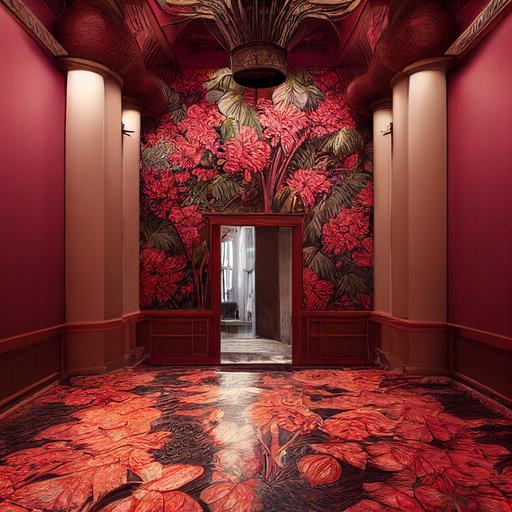 epic art nouveau entrance hall, muted colors, indoor plants, monstera, palm, hibiscus, floral wallpaper, chandelier , floor covered with red water --test --creative --upbeta