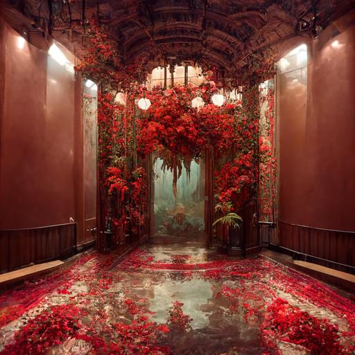 epic art nouveau entrance hall, muted colors, indoor plants, monstera, palm, hibiscus, floral wallpaper, chandelier :: floor covered with  red water