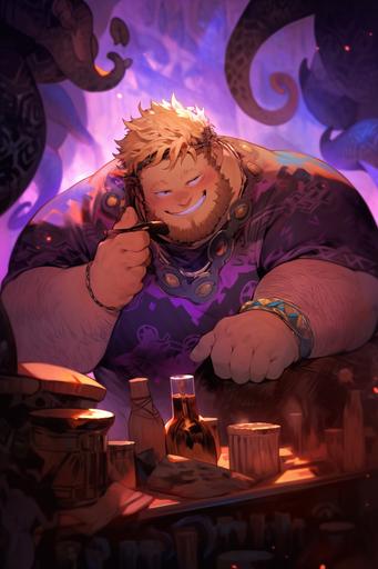 epic fantasy anime portrait, messy curly blonde haired fat male drinking purple potions, looks friendly and intoxicated, he is wearing ripped clothes, fantasy stoner tavern background --ar 2:3 --niji 5