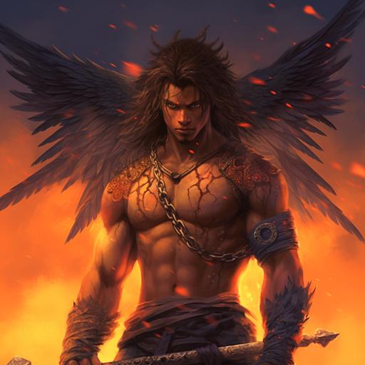 epic fantasy art, sharp, a handsome skinny brown male hot anime character, abs, thin black dreads, glowing red pheonix tattoo on chest , scar face, holding big weapon, fire coming out of hand, 8k, high quality , realistic