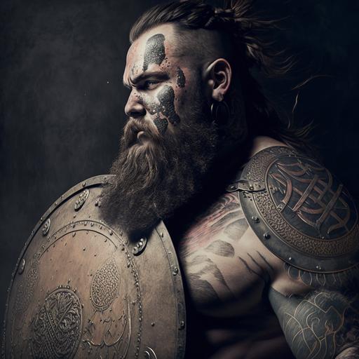 epic fantasy portrait of a stoic Dwarven Fighter adorned with runic face tattoos and scars. Wearing Full armor and a big round shield. natural lighting, which casts bold shadows and highlights the dwarven fighter's powerful features and the expert craftsmanship of his armor