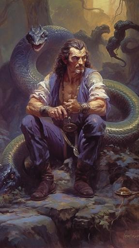 epic photo of a man with a look of disgust and triumph and a pose of power, wrangling a wholesome, purple, mushroom snake, with it wrapped around him and his hands many times, attempting to stab it with an ink sword, frank frazetta --ar 9:16 --s 750 --v 5.0